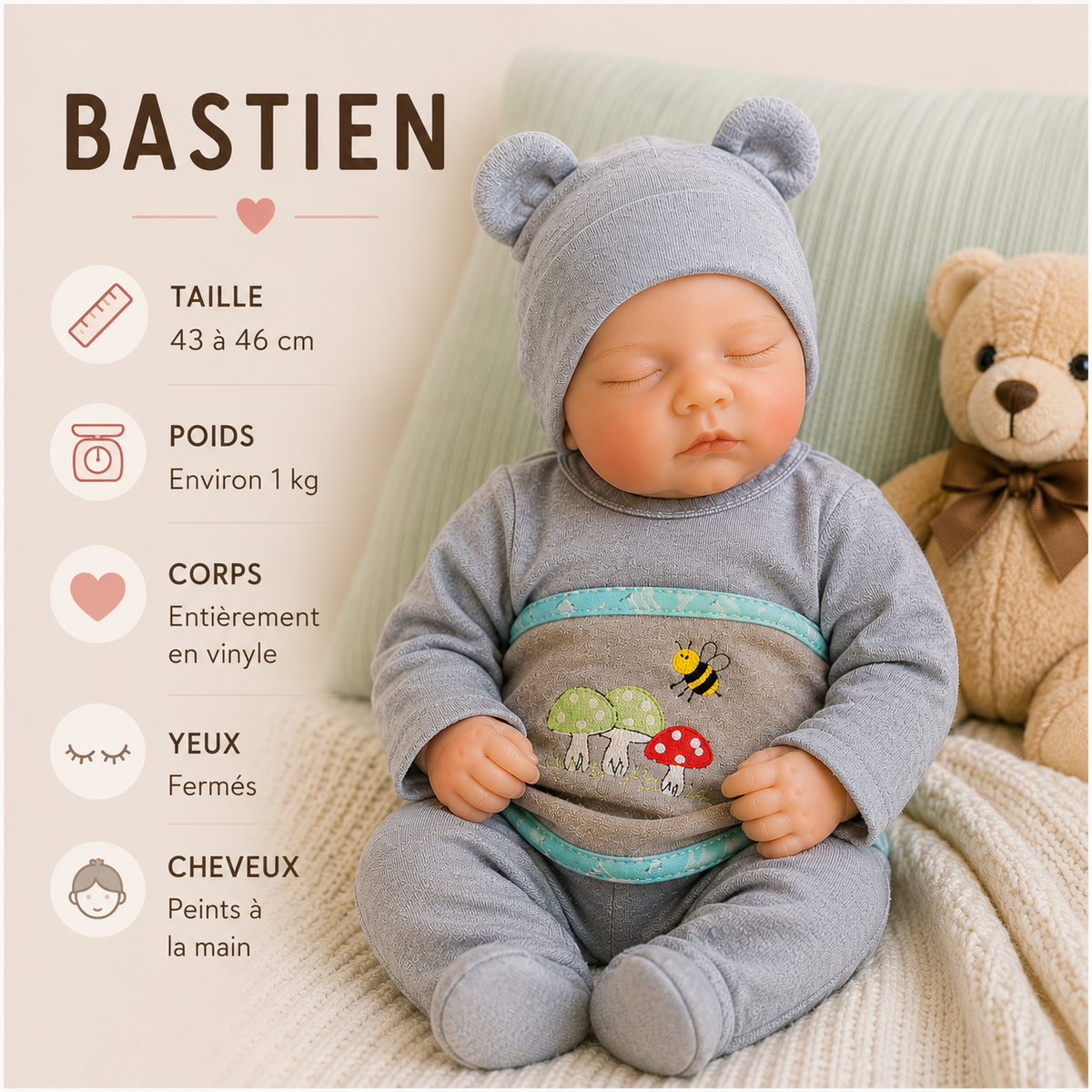 Bébé Reborn Garçon 43-46 cm Réaliste en Vinyle – Bastien