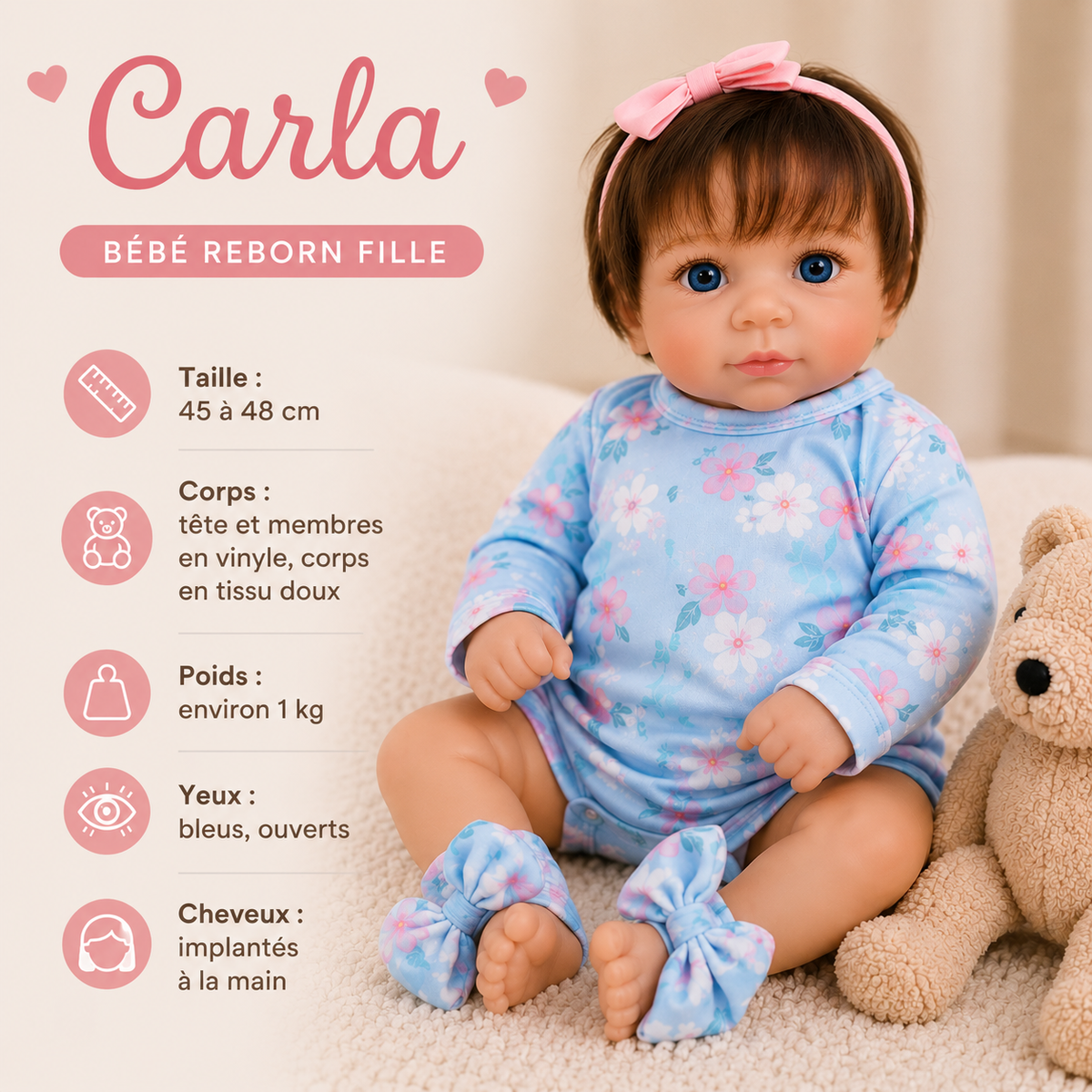Bébé Reborn Fille 45-48 cm Réaliste en Vinyle – Carla