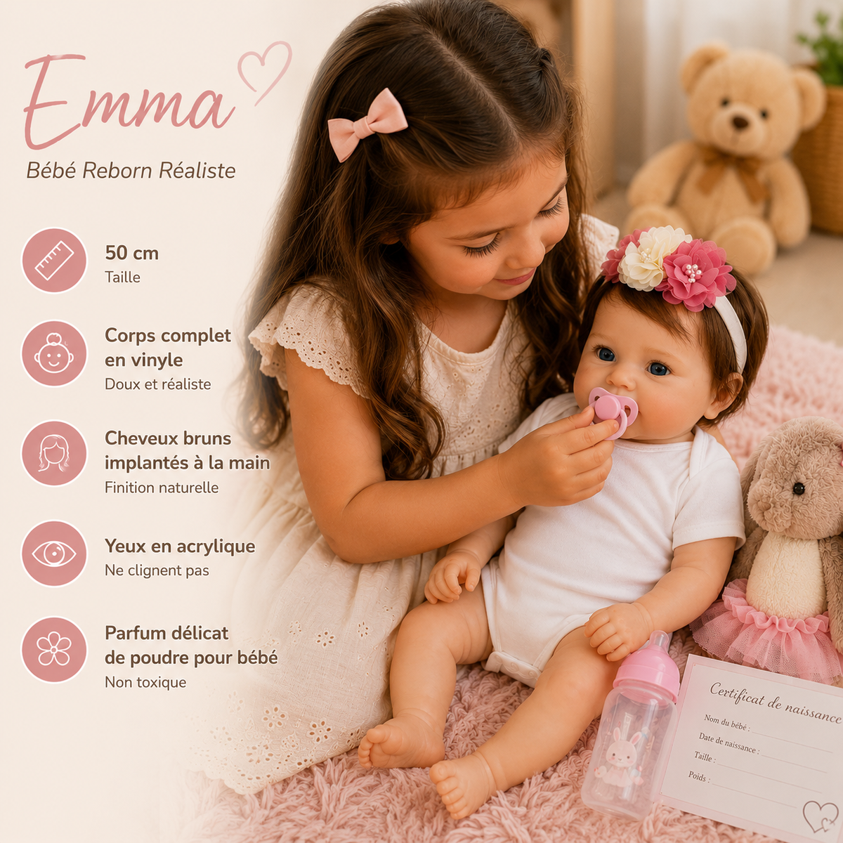 Bébé Reborn Fille 50 cm Réaliste en Vinyle - Emma