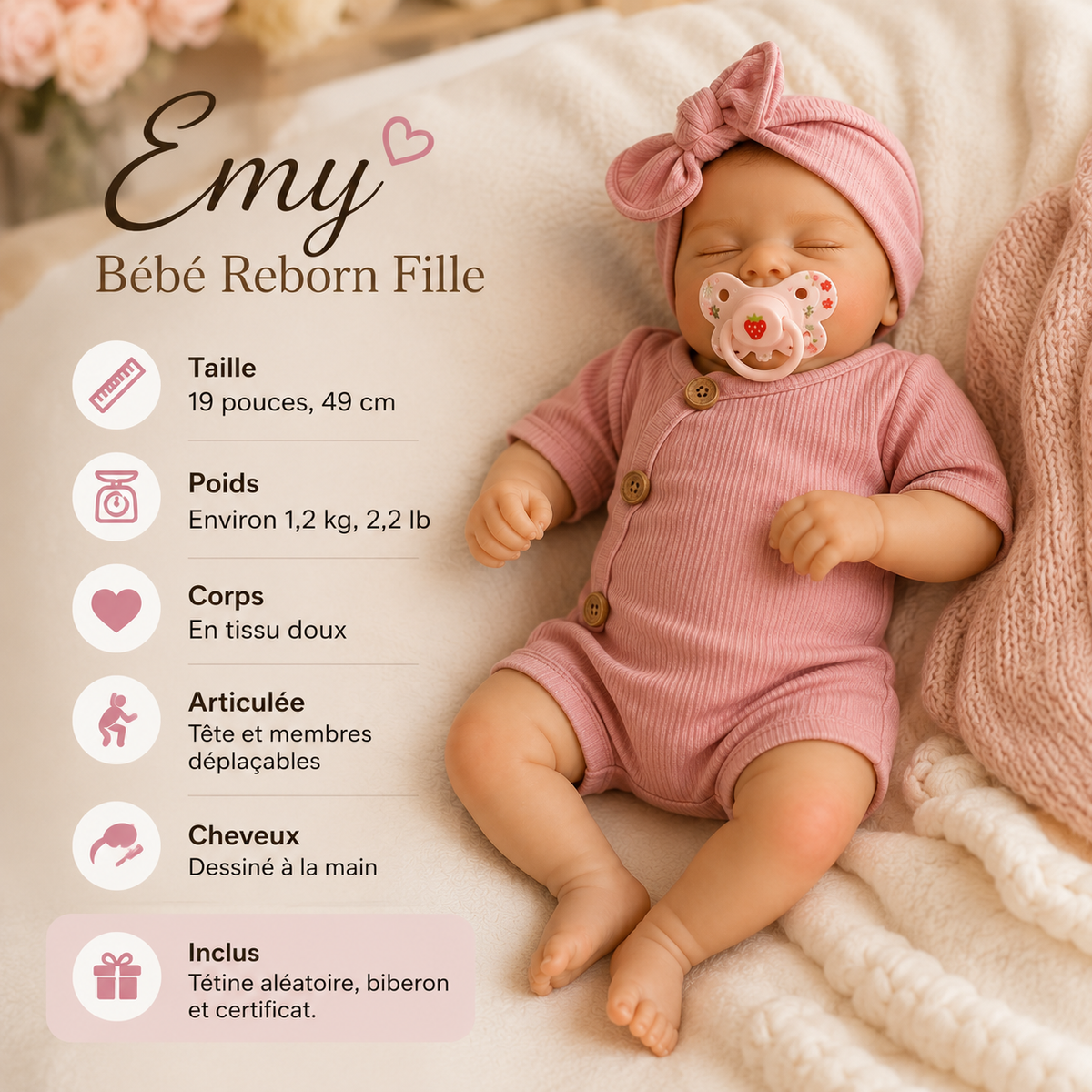 Bébé Reborn Fille 49 cm Réaliste en Vinyle – Emy