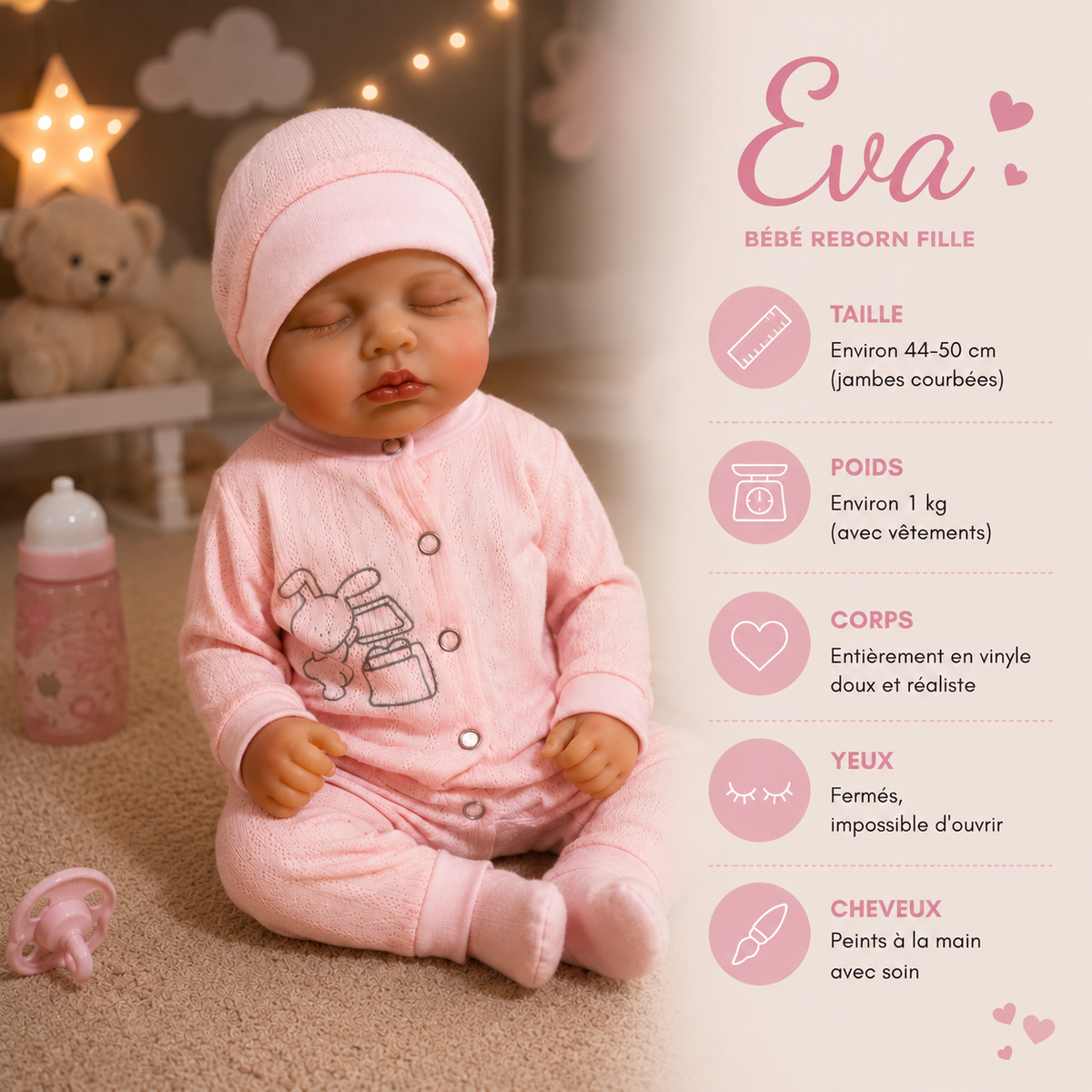 Bébé Reborn Fille 44-50 cm Réaliste en Vinyle – Eva