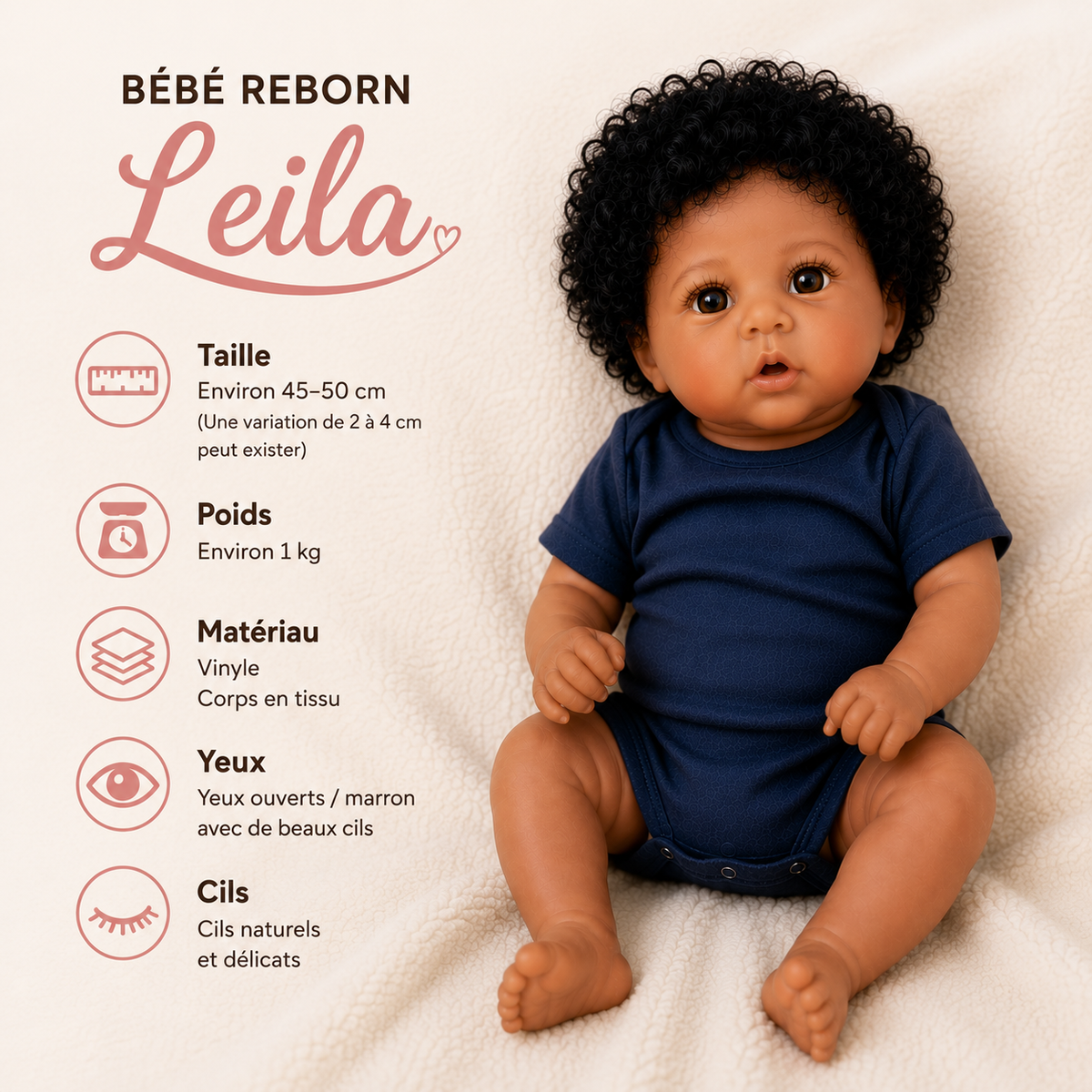 Bébé Reborn Fille 45-50 cm Réaliste en Vinyle – Leila