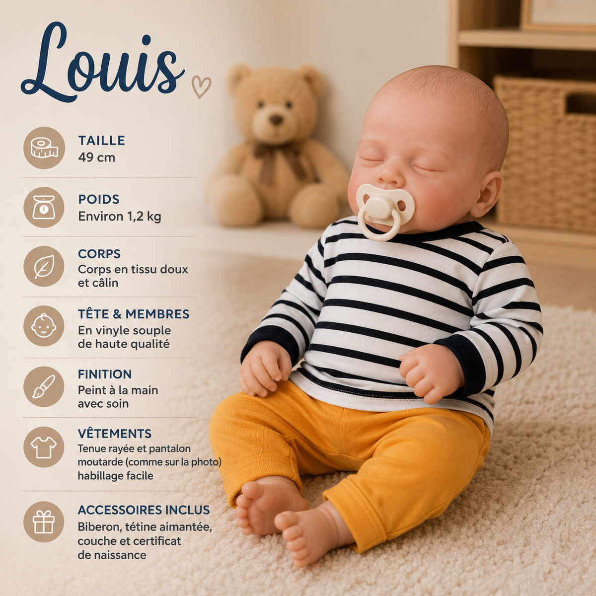 Bébé Reborn Garçon 49 cm Réaliste en Vinyle – Louis