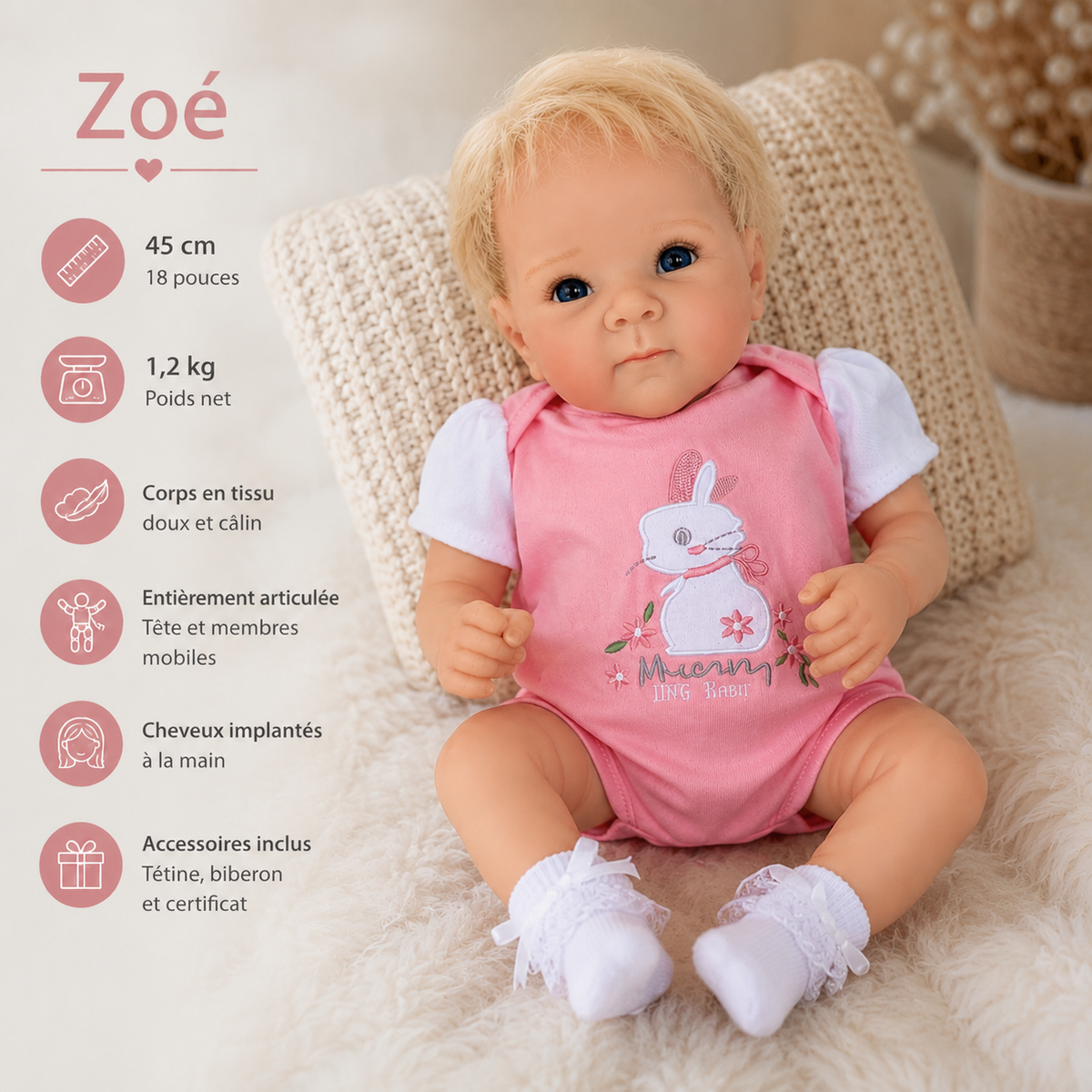 Bébé Reborn Fille 45 cm Réaliste en Vinyle - Zoé