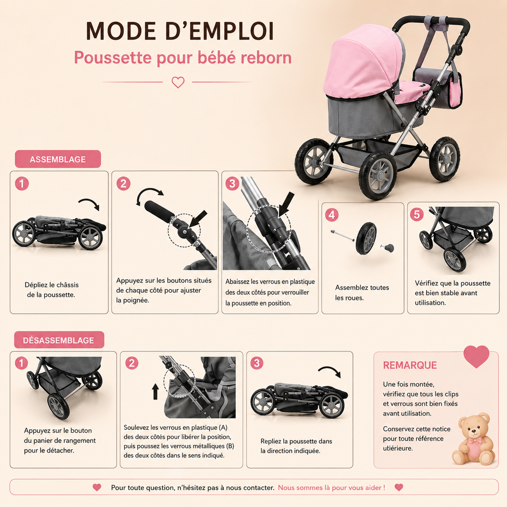 Poussette pour Bébé Reborn Pliante 68 cm – Rose